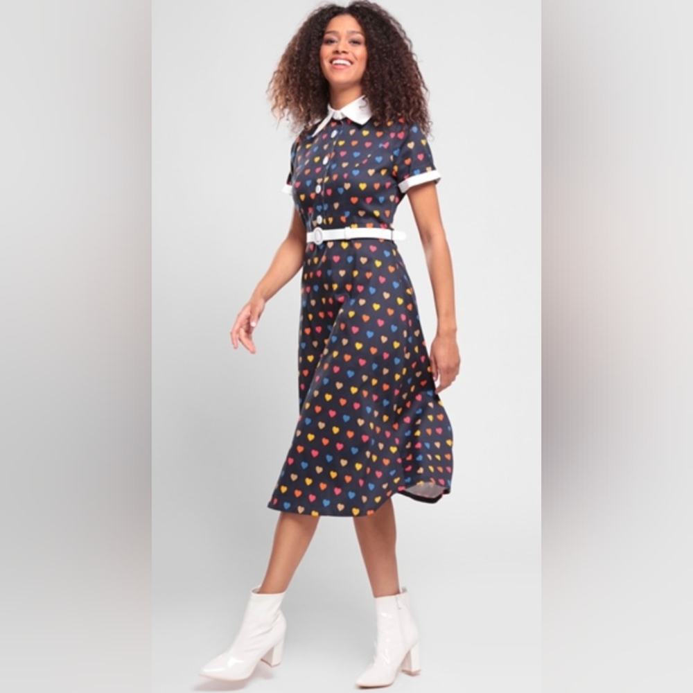 Collectif Bright & Beautiful Navy w/ Multi Color Hearts Shirt Dress UK 26/US 22